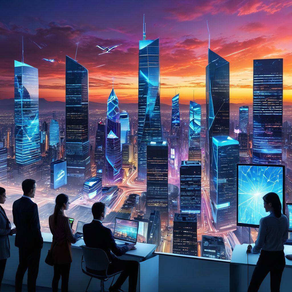 A futuristic city skyline showcasing advanced e-government technologies with digital screens displaying real-time information. In the foreground, diverse people engaging in cyber communication using holographic devices. Incorporate elements of connectivity, such as glowing network lines connecting citizens to services. The scene should convey a sense of innovation and inclusiveness, with a sunset sky casting colorful hues. super-realistic. vibrant colors. digital art.