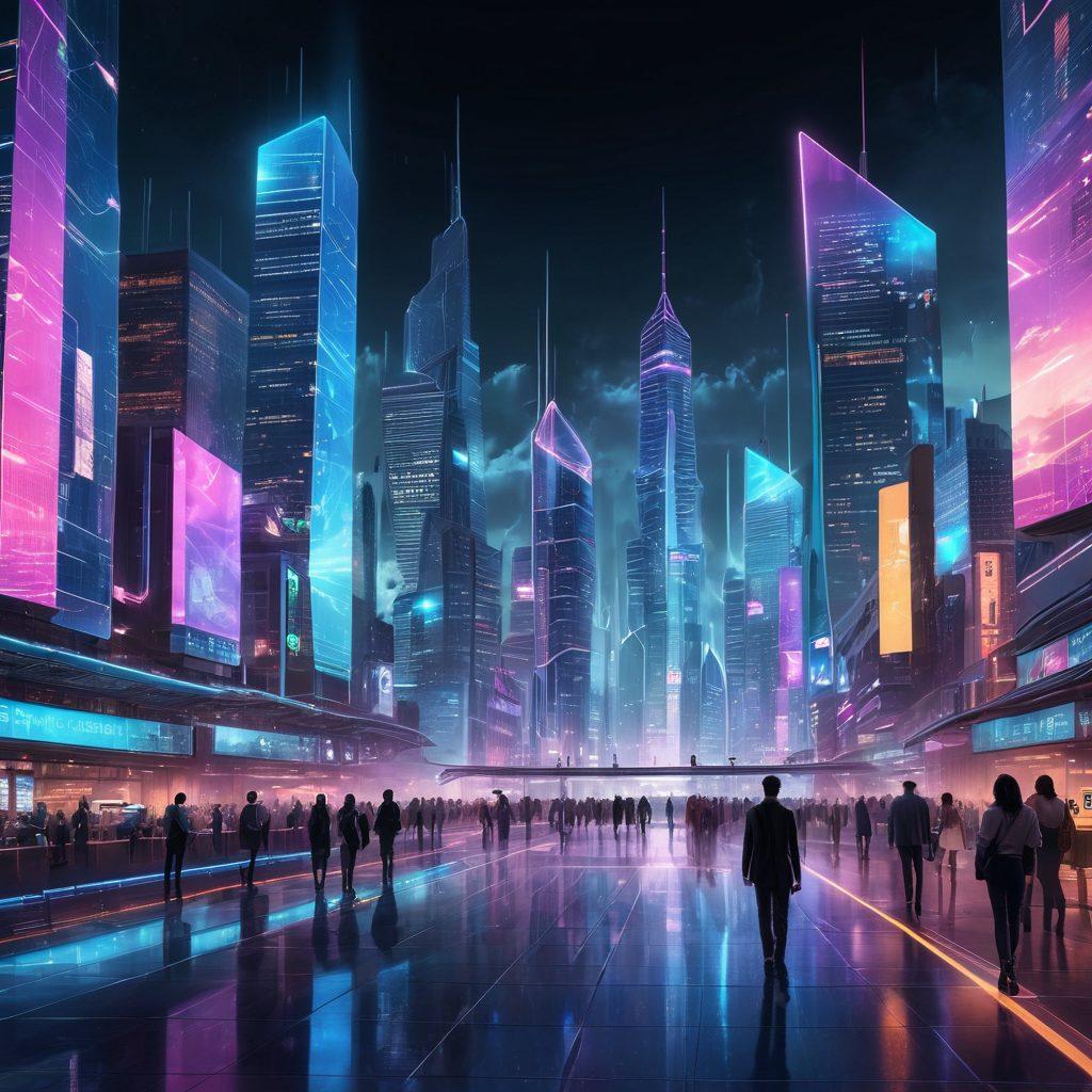 A futuristic cityscape with digital screens displaying key ICT trends and symbols of technology, such as smartphones, cloud computing, and AI icons. A diverse group of people, including business professionals and students, navigating through this vibrant digital landscape, with flowing data streams and holographic elements surrounding them. The skyline should be lit with neon colors, reflecting innovation and connectivity. cyberpunk. vibrant colors. 3D.